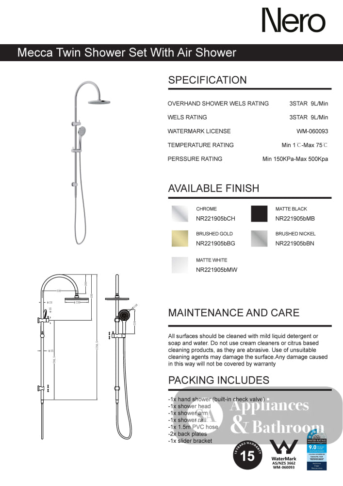 Nero Mecca Twin Shower With Air Shower Brushed Nickel NR221905bBN - Twin Showers