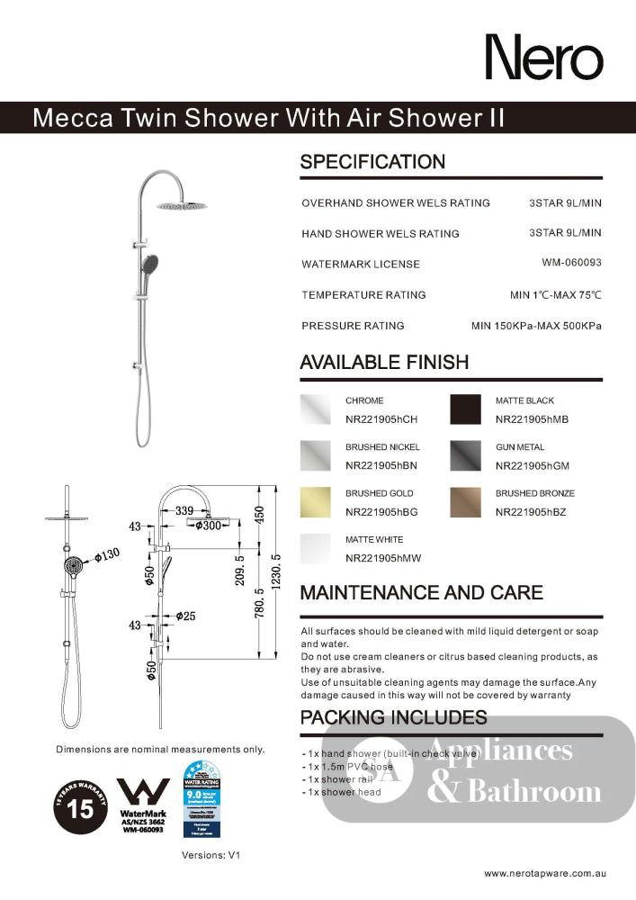 Nero Mecca Twin Shower With Air Shower II Brushed Gold NR221905HBG - Twin Showers