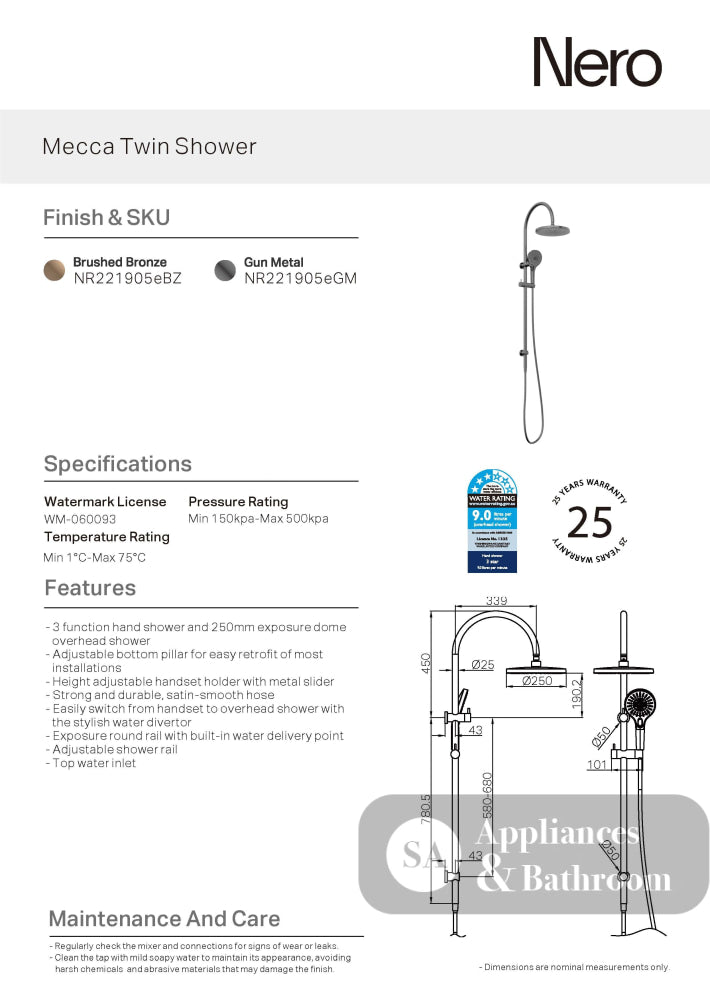 Nero Mecca Twin Shower With Shower Brushed Bronze NR221905eBZ - Twin Showers