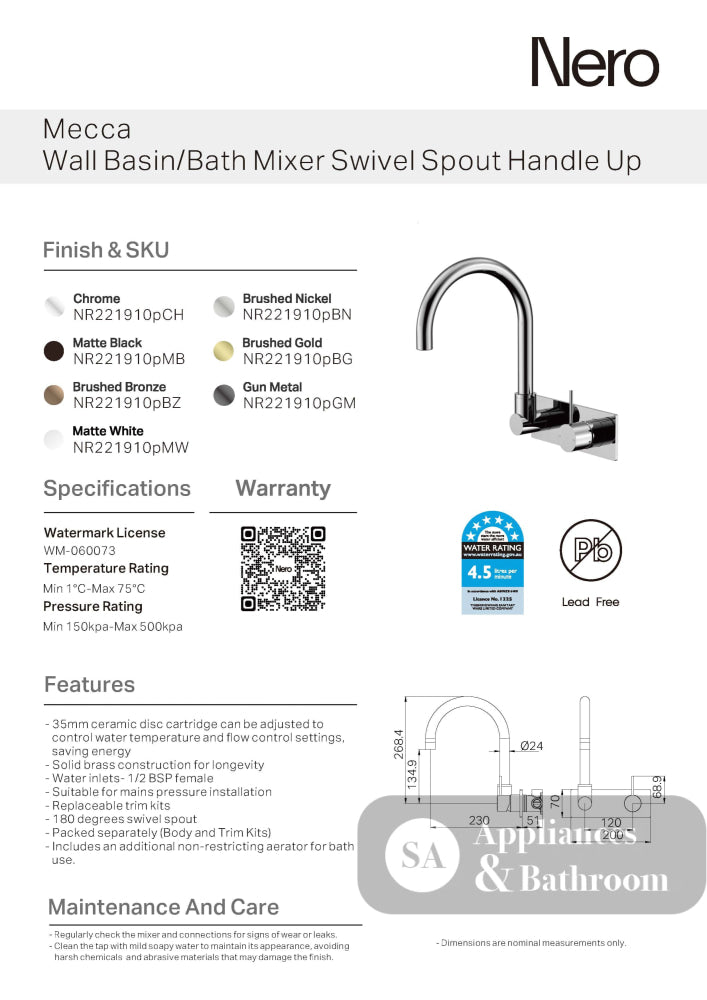 Nero Mecca Wall Basin/Bath Mixer Swivel Spout Handle Up Brushed Gold NR221910PBG - Wall Mixers & Spouts