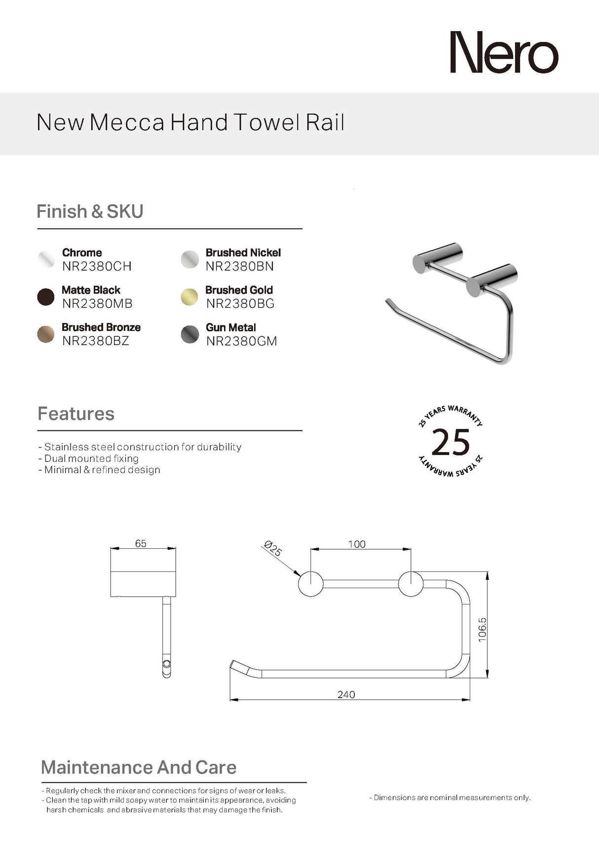 Nero New Mecca Hand Towel Rail Chrome NR2380CH