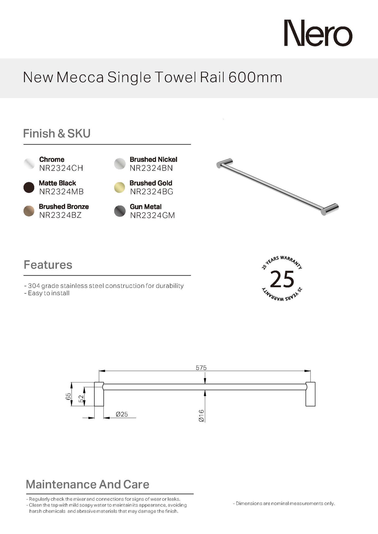 Nero New Mecca Single Towel Rail 600mm Chrome NR2324CH