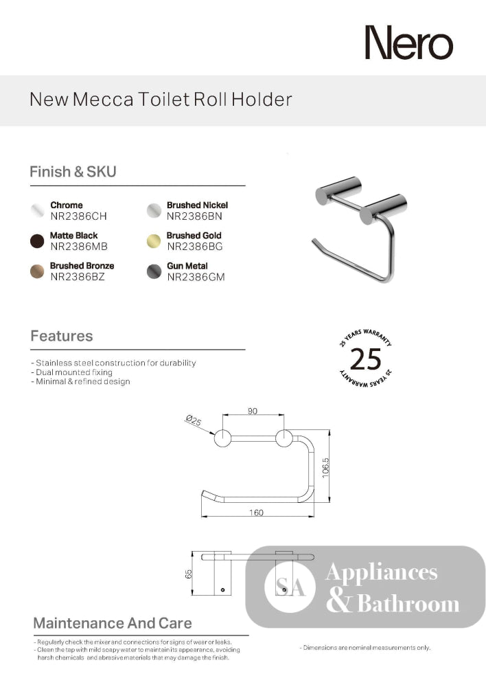 Nero New Mecca Toilet Roll Holder Chrome NR2386CH - TOILET ROLL HOLDERS