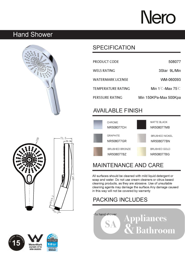 Nero Opal Hand Shower Brushed Gold NR508077BG - Hand Showers