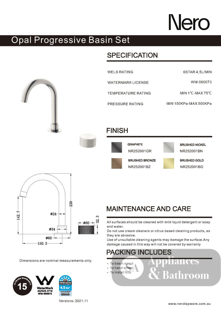 Nero Opal Progressive Basin Set Graphite NR252001GR - Wall Mixers & Spouts