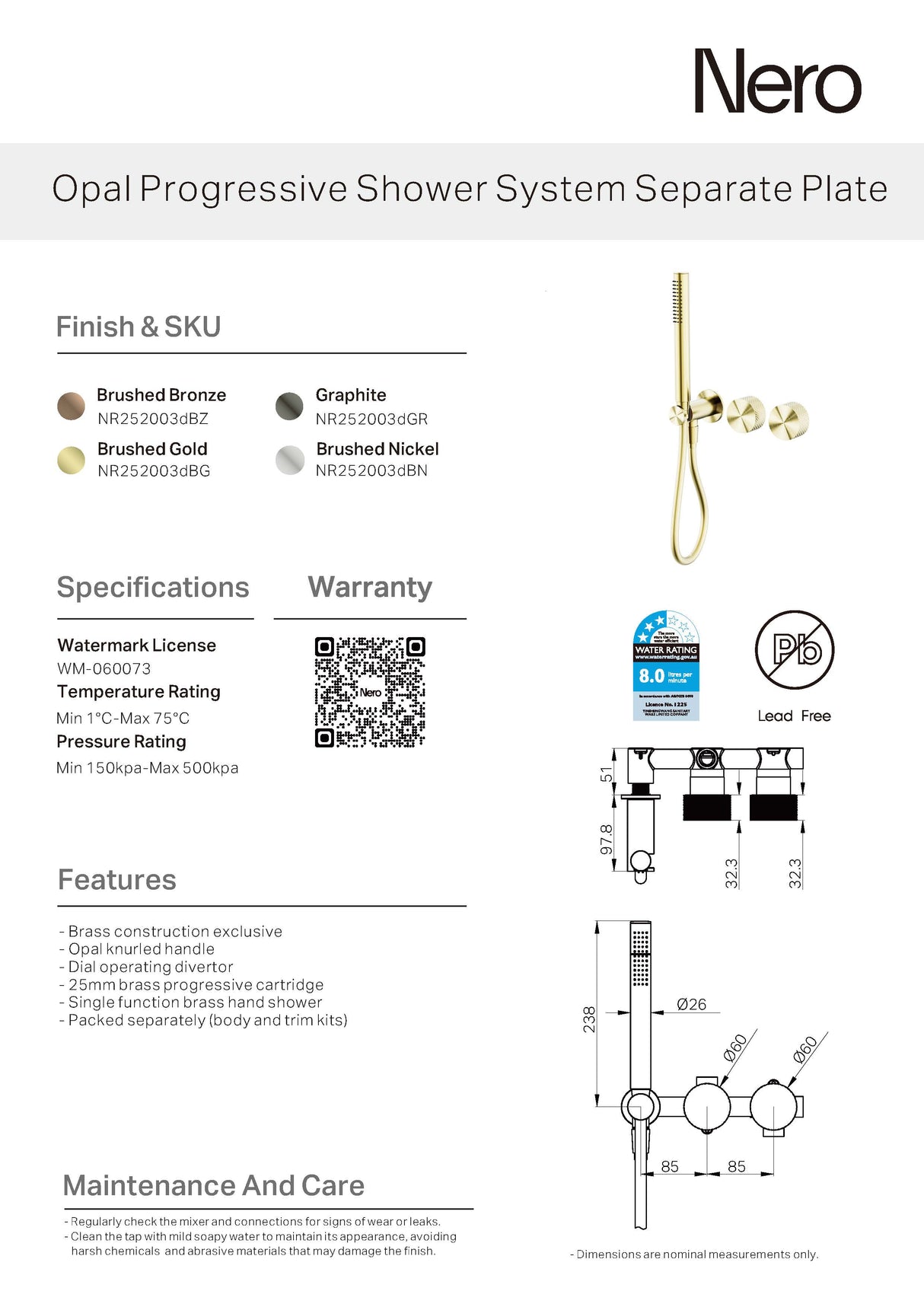 Nero Opal Progressive Shower System (Separate Plates) Brushed Bronze NR252003DBZ