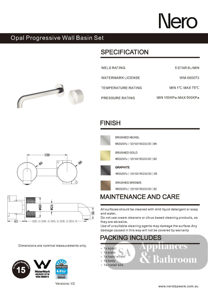 Nero Opal Progressive Wall Basin Mixer 230mm Spout Graphite NR252007a230GR - Wall Mixers & Spouts