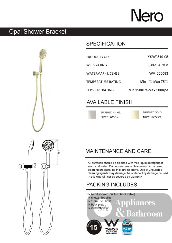 Nero Opal Shower Bracket with Air Shower Brushed Nickel NR251905BN - Hand Showers