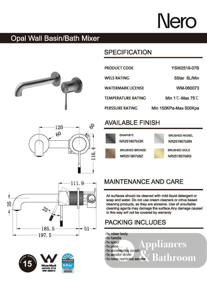 Nero Opal Wall Basin/Bath Mixer 260mm Spout Separate Back Plate Graphite NR251907B260GR - Wall Mixers & Spouts