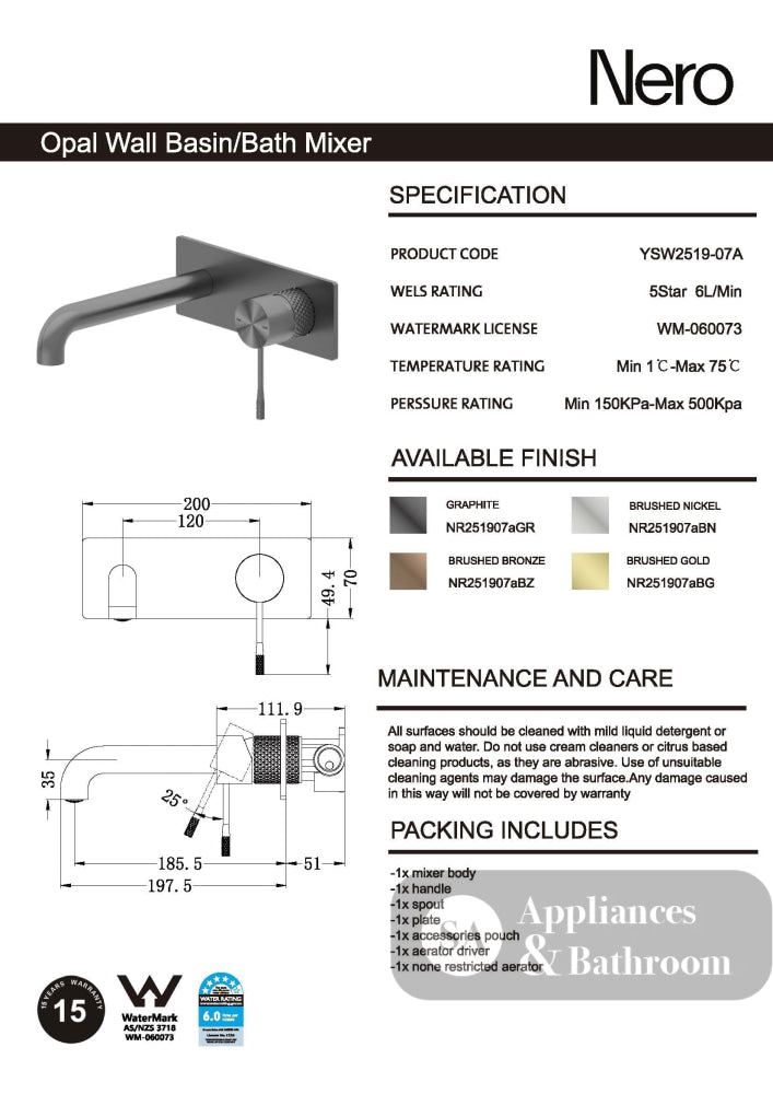 Nero Opal Wall Basin/Bath Mixer Graphite NR251907aGR - Wall Mixers & Spouts