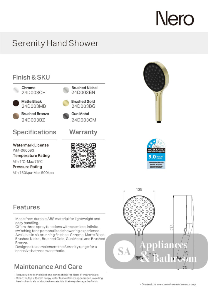 Nero Serenity Hand Shower Brushed Nickel 24D003BN - Hand Showers