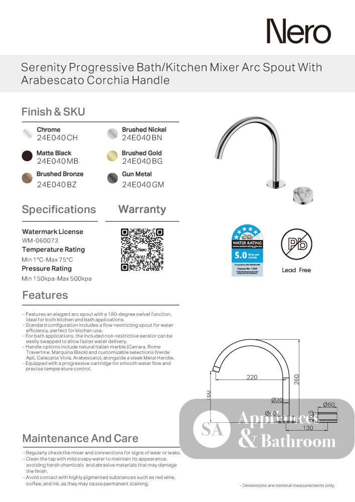 Nero Serenity Progressive Bath/Kitchen Mixer Arc Spout w/ Arabescato Corchia Handle Brushed Nickel 24E040BN - Diverter