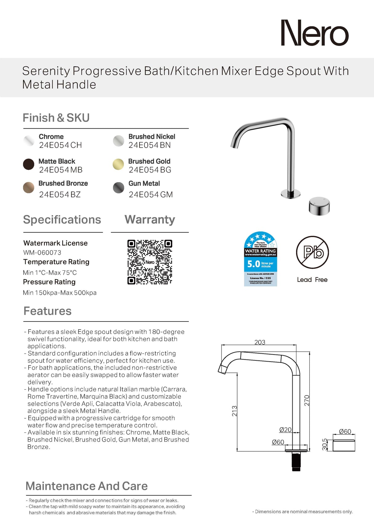 Nero Serenity Progressive Bath/Kitchen Mixer Edge Spout w/ Metal Handle Chrome 24E054CH
