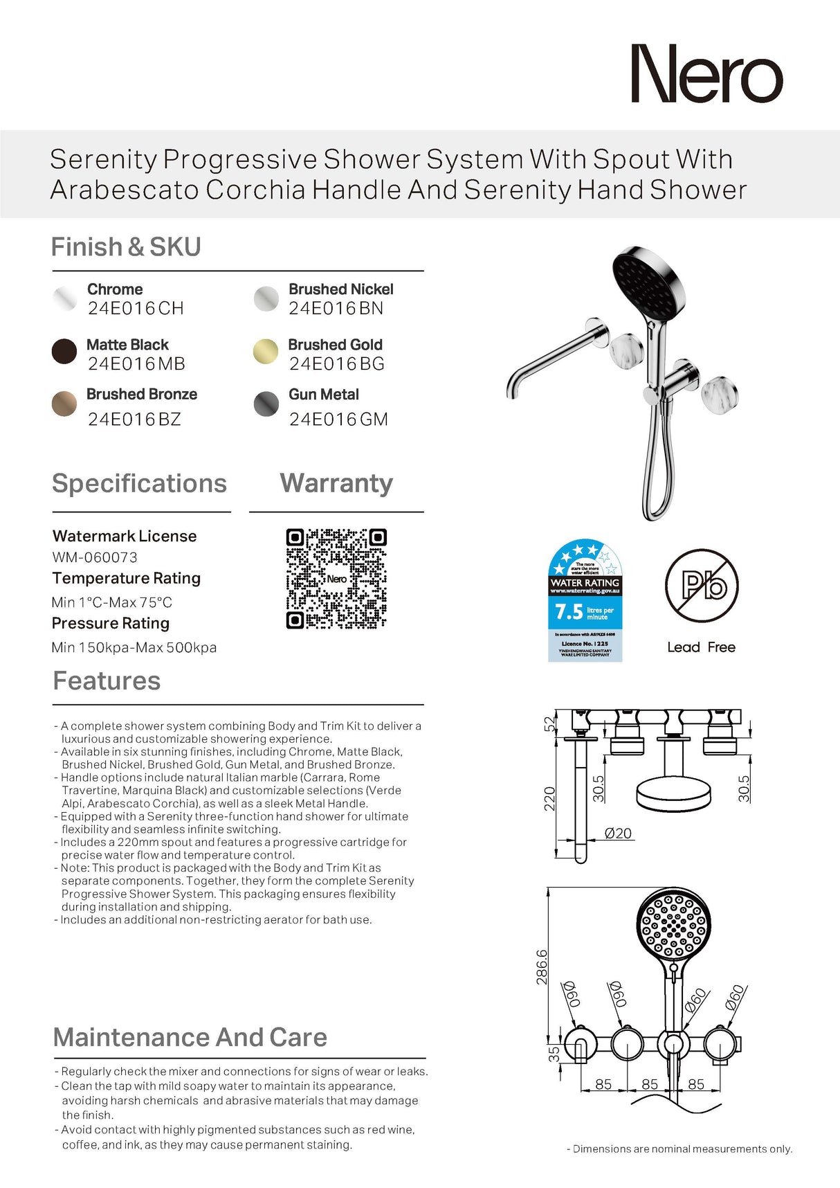 Nero Serenity Progressive Shower System w/ Spout w/ Arabescato Corchia Handle And Serenity Hand Shower Brushed Gold 24E016BG