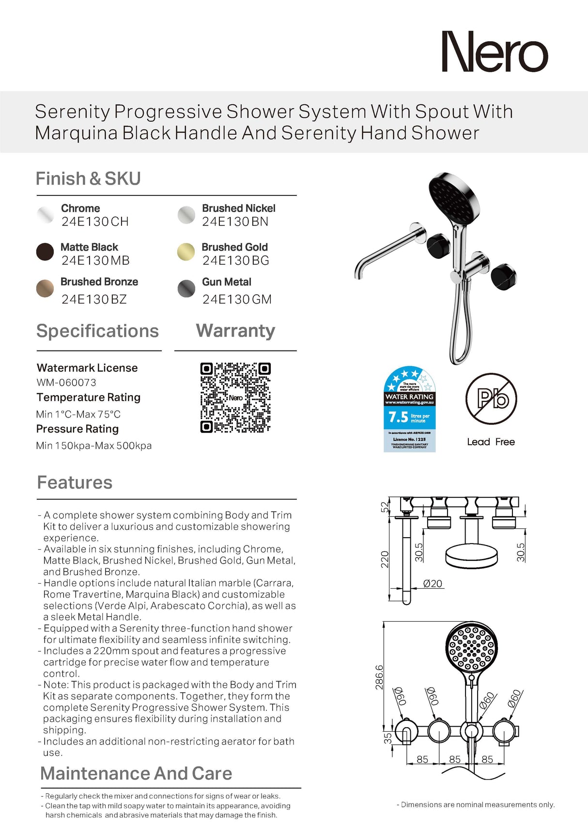 Nero Serenity Progressive Shower System w/ Spout w/ Marquina Black Handle And Serenity Hand Shower Gunmetal 24E130GM