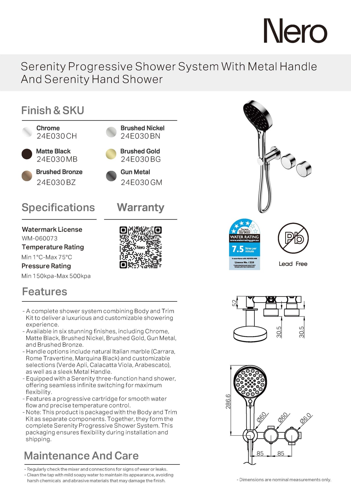 Nero Serenity Progressive Shower System w/ Metal Handle And Serenity Hand Shower Brushed Nickel 24E030BN
