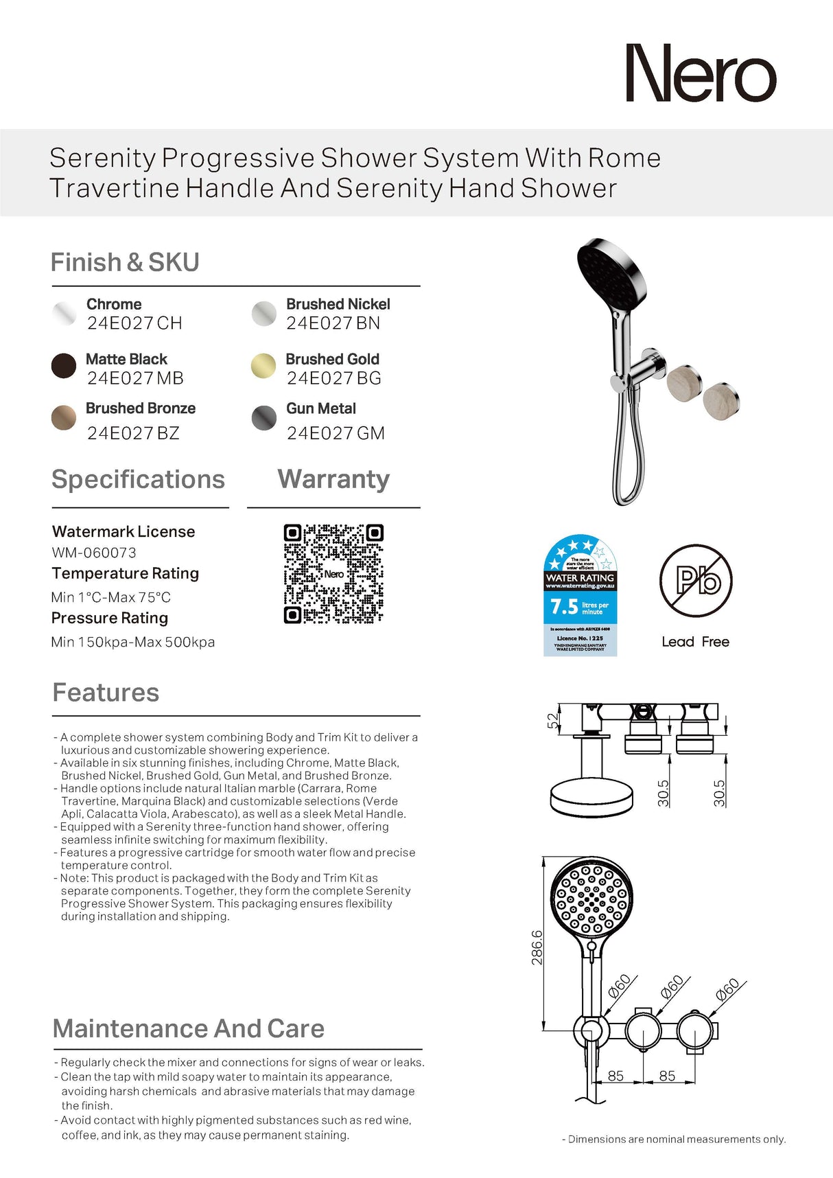 Nero Serenity Progressive Shower System w/ Rome Travertine Handle And Serenity Hand Shower Chrome 24E027CH