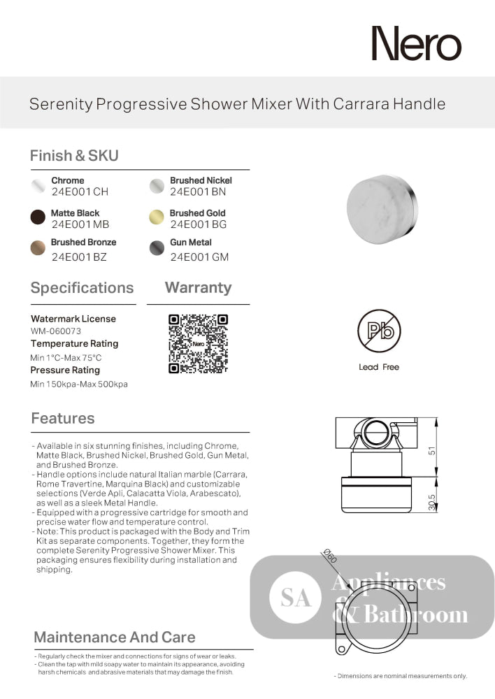 Nero Serenity Progressive Shower Mixer w/ Carrara Handle Matte Black 24E001MB - Bathroom Wall Mixers