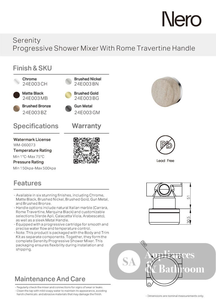 Nero Serenity Progressive Shower Mixer w/ Rome Travertine Handle Chrome 24E003CH - Bathroom Wall Mixers