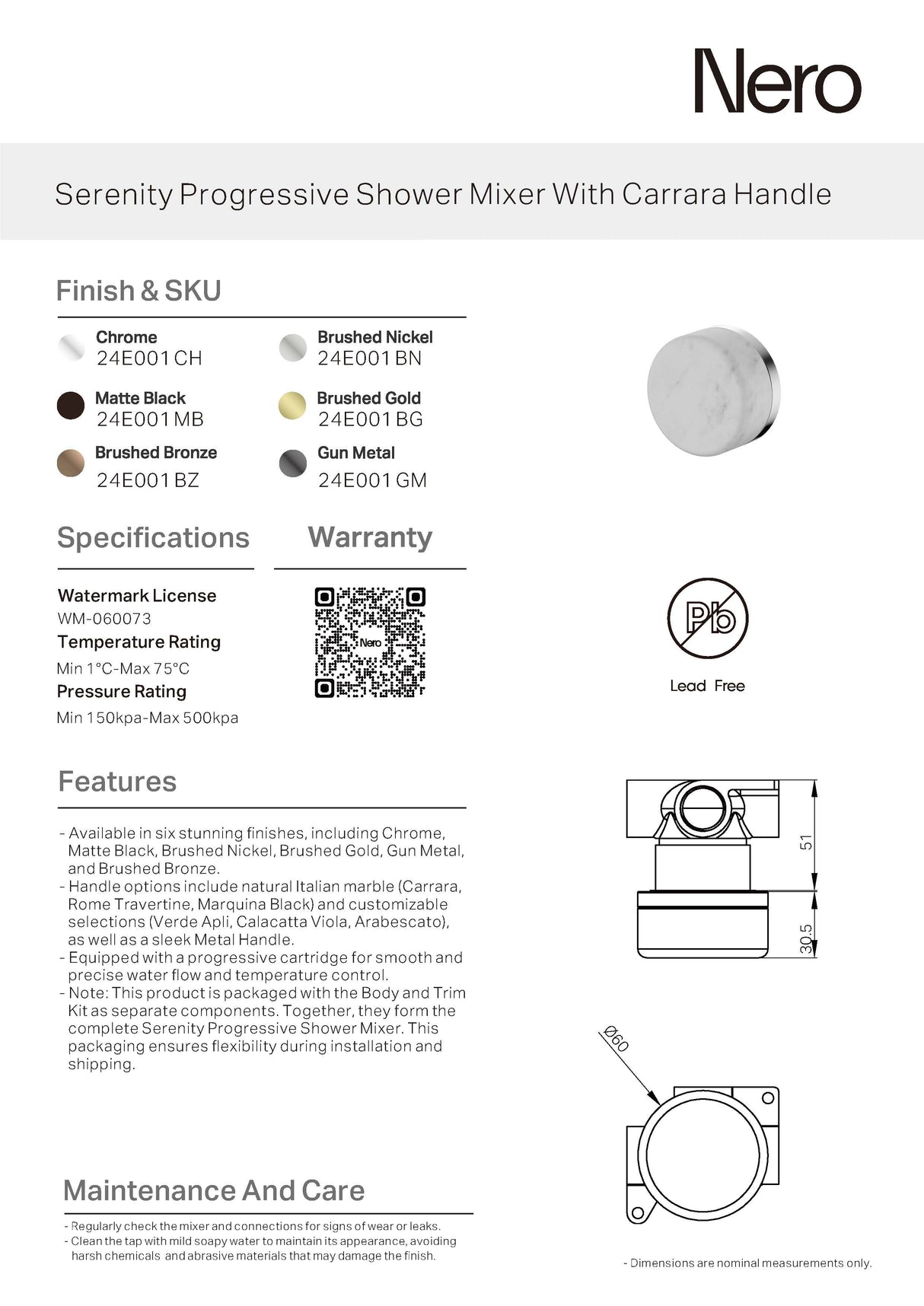 Nero Serenity Progressive Shower Mixer w/ Carrara Handle Chrome 24E001CH