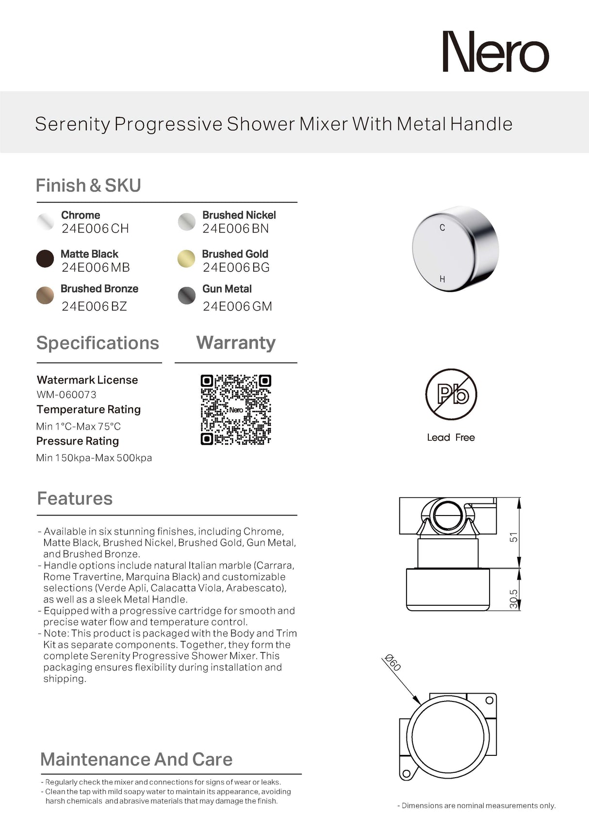 Nero Serenity Progressive Shower Mixer w/ Metal Handle Matte Black 24E006MB