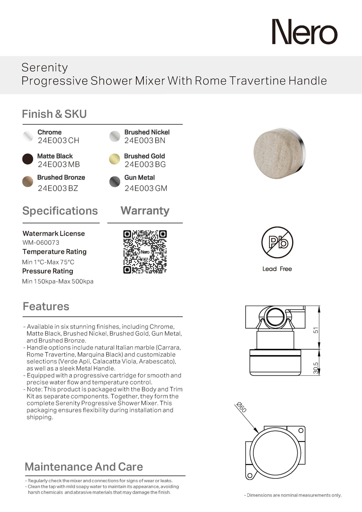 Nero Serenity Progressive Shower Mixer w/ Rome Travertine Handle Matte Black 24E003MB