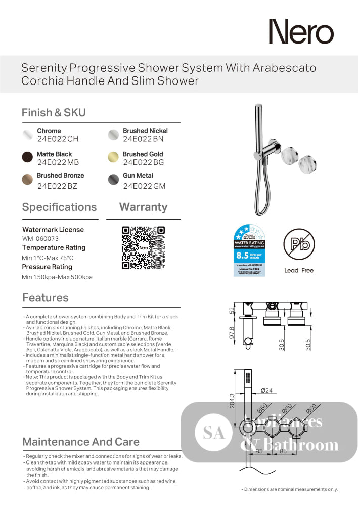 Nero Serenity Progressive Shower System w/ Arabescato Corchia Handle And Slim Shower Brushed Nickel 24E022BN - Hand