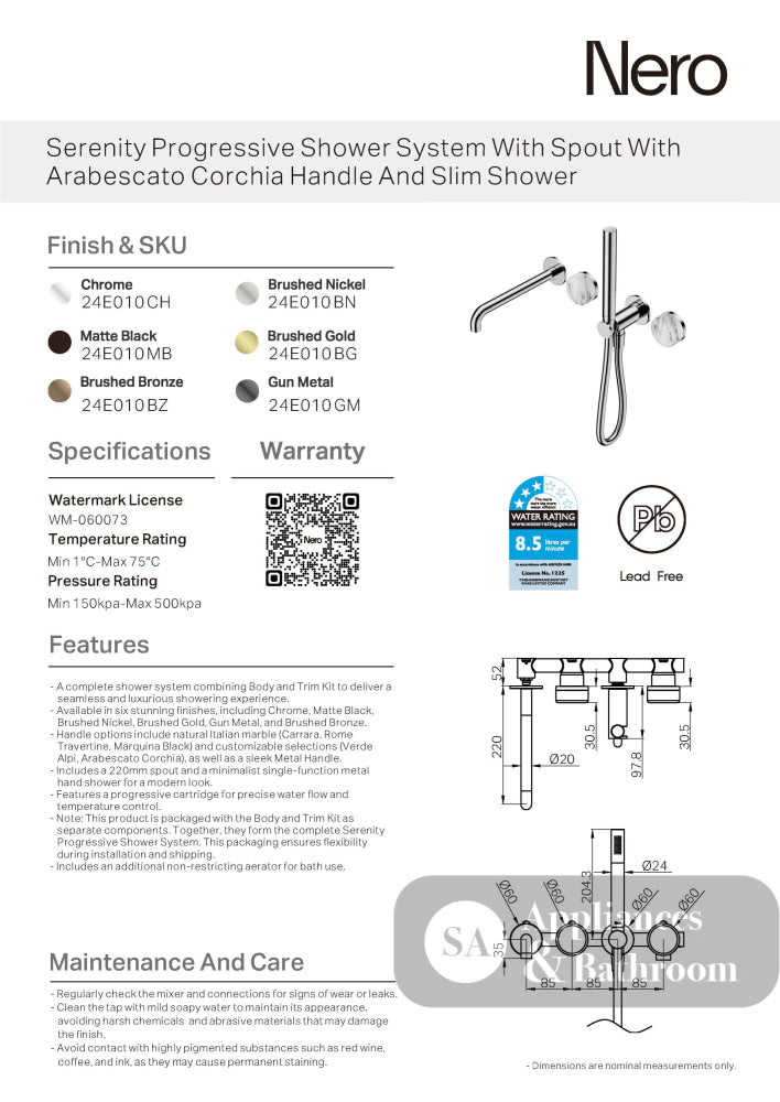 Nero Serenity Progressive Shower System w/ Spout w/ Arabescato Corchia Handle And Slim Shower Matte Black 24E010MB