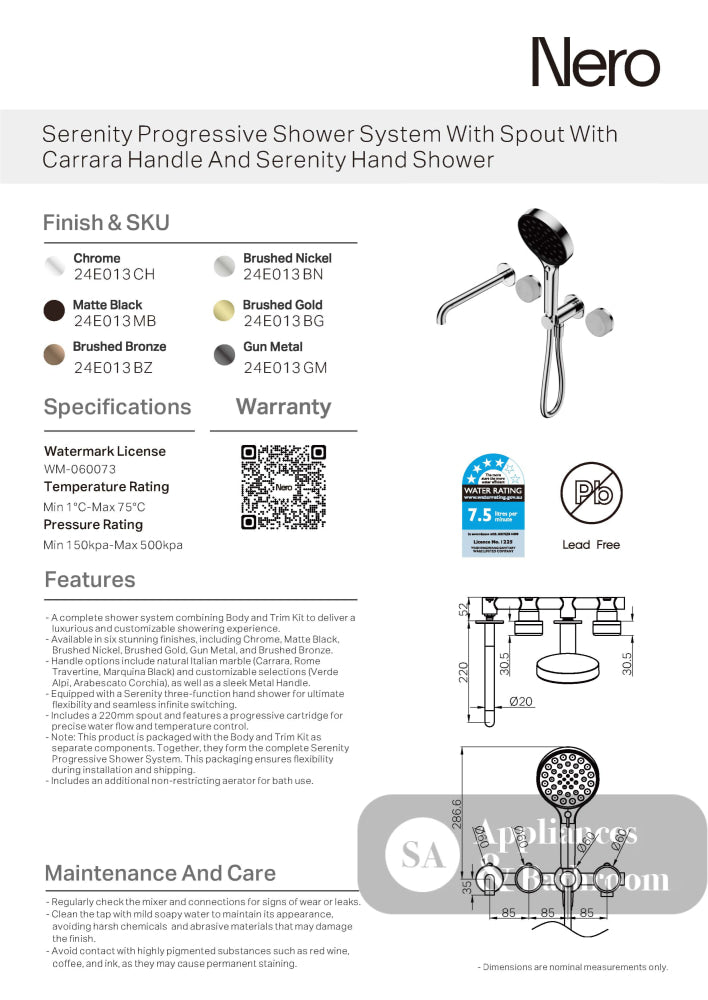 Nero Serenity Progressive Shower System w/ Spout w/ Carrara Handle And Serenity Hand Shower Brushed Bronze 24E013BZ