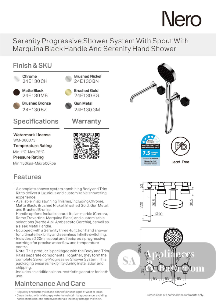 Nero Serenity Progressive Shower System w/ Spout w/ Marquina Black Handle And Serenity Hand Shower Gunmetal 24E130GM