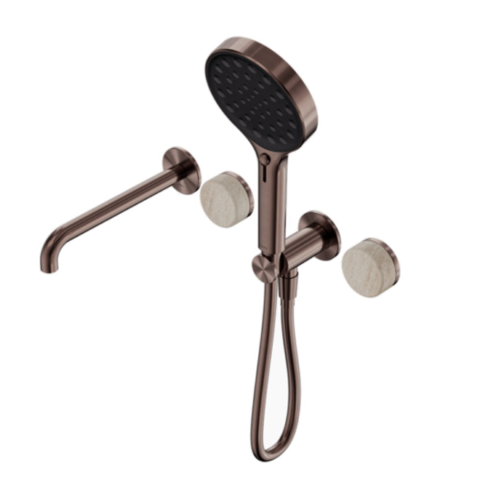 Nero Serenity Progressive Shower System w/ Spout w/ Rome Travertine Handle And Serenity Hand Shower Brushed Bronze
