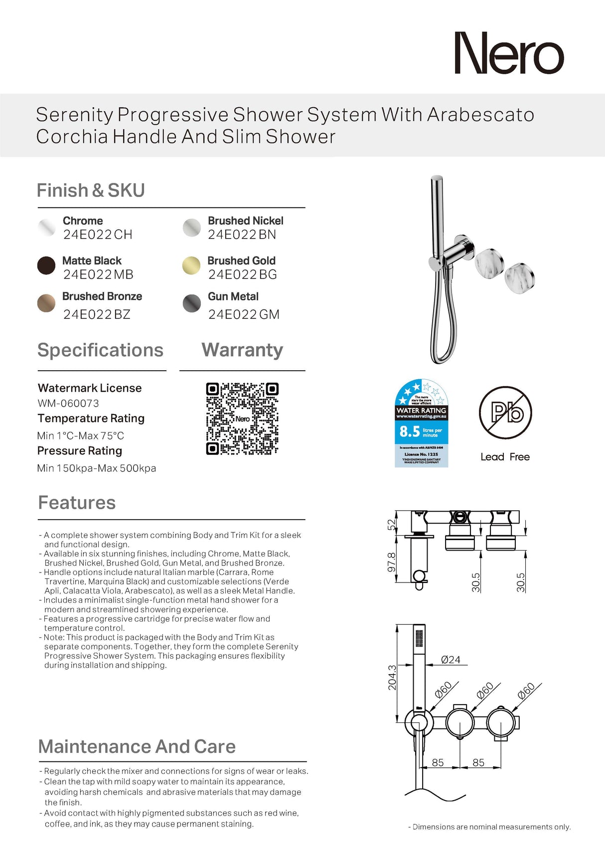 Nero Serenity Progressive Shower System w/ Arabescato Corchia Handle And Slim Shower Chrome 24E022CH