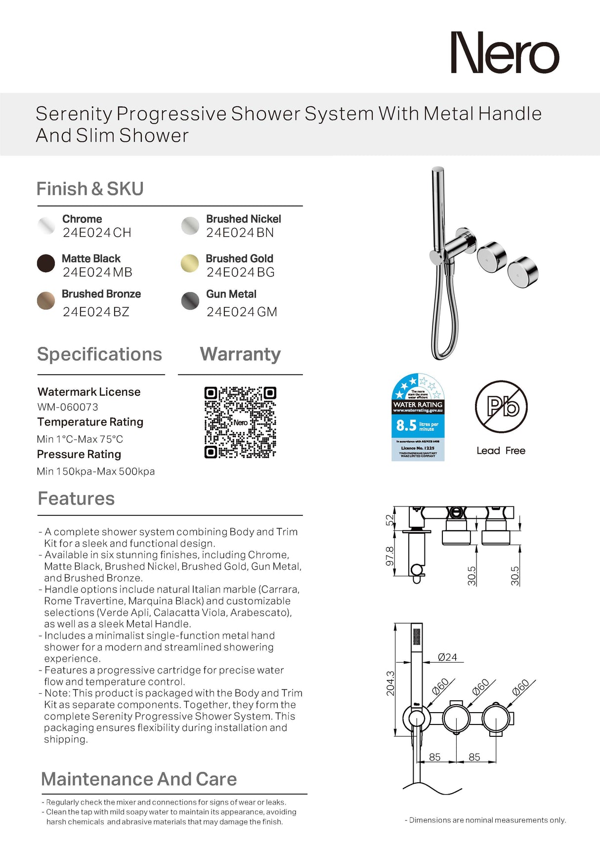 Nero Serenity Progressive Shower System w/ Metal Handle And Slim Shower Brushed Nickel 24E024BN