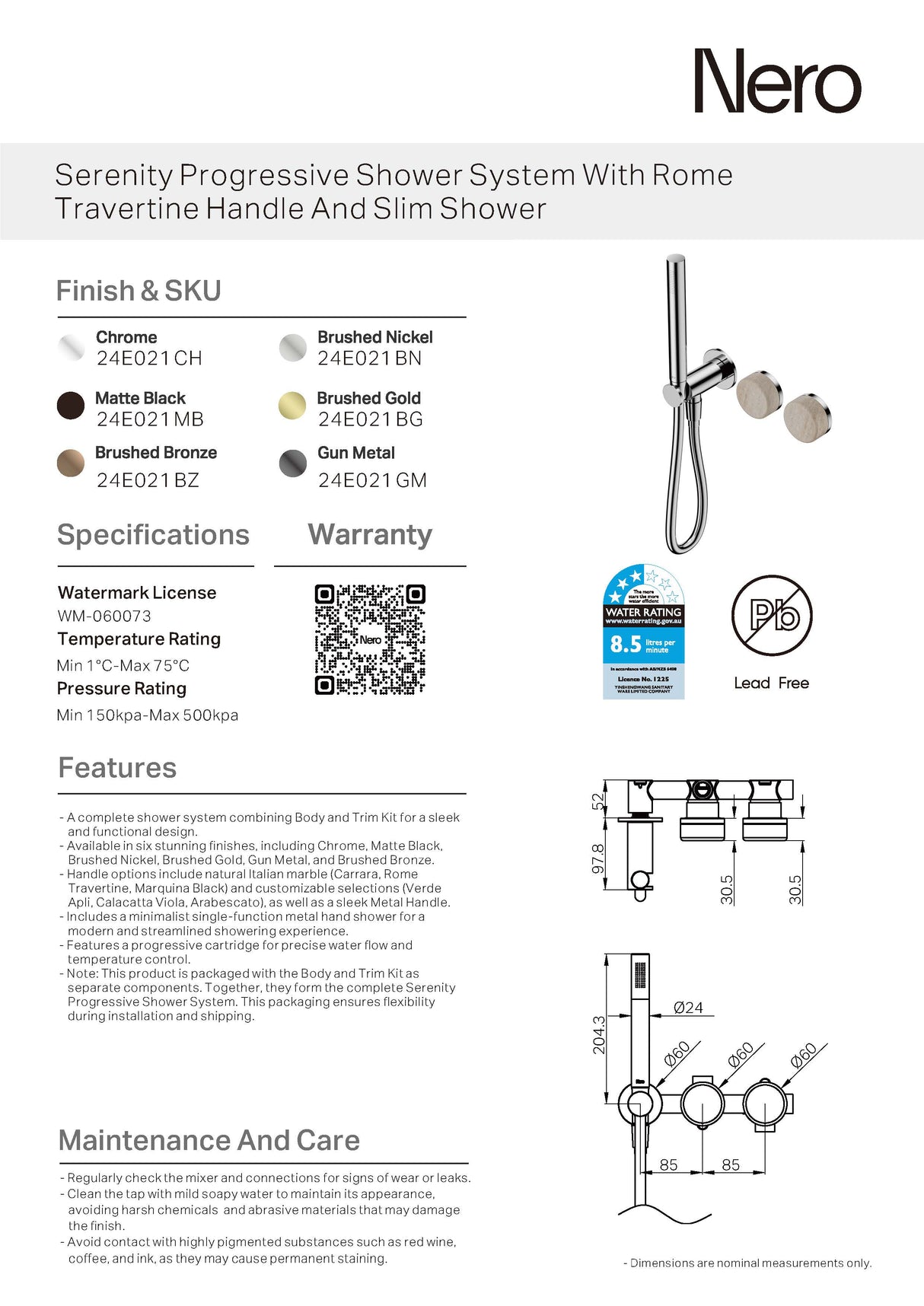 Nero Serenity Progressive Shower System w/ Rome Travertine Handle And Slim Shower Brushed Nickel 24E021BN