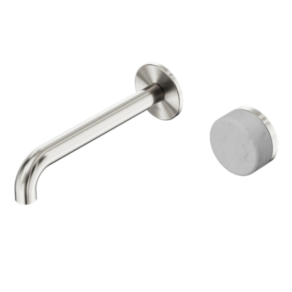 Nero Serenity Progressive Wall Basin Mixer 220mm Spout w/ Carrara Handle Brushed Nickel 24E073BN - Bathroom Wall Mixers