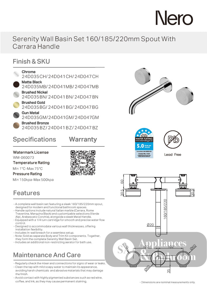 Nero Serenity Wall Basin Set 160mm Spout w/ Carrara Handle Matte Black 24D035MB - Tapware 3 Piece