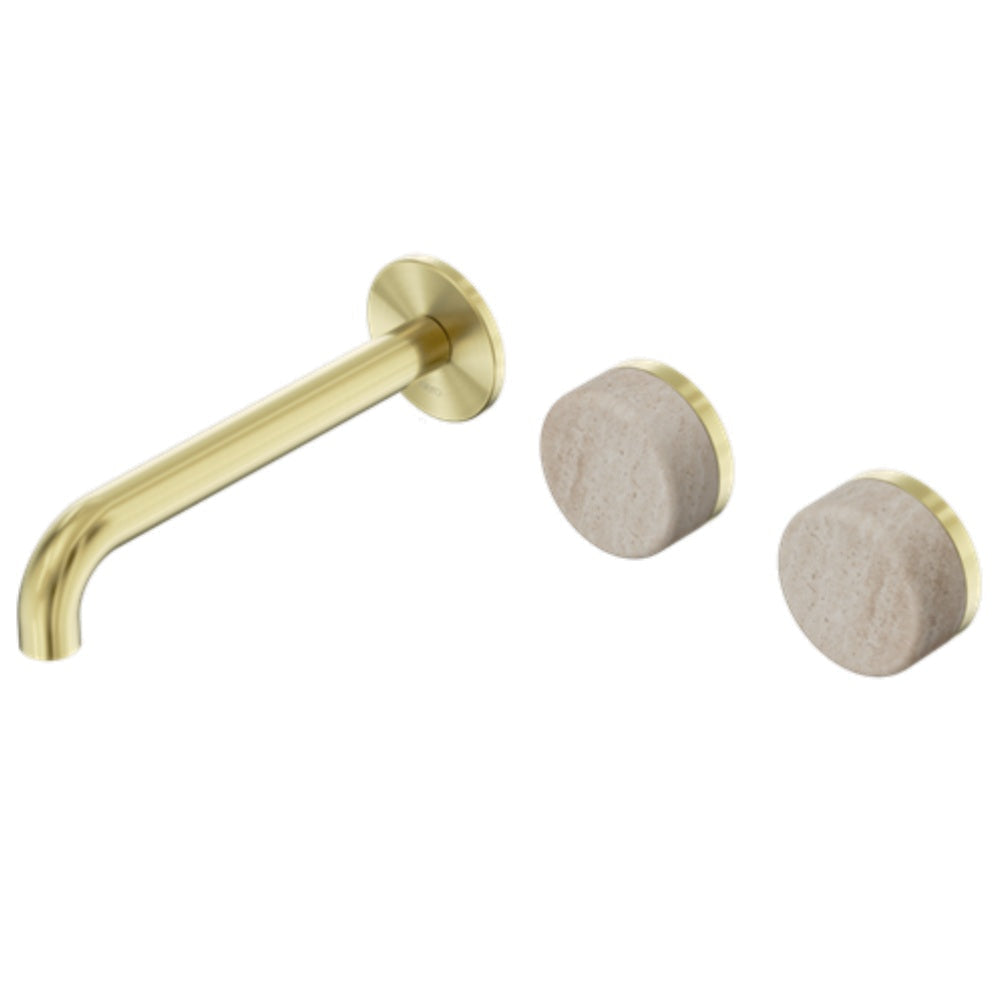 Nero Serenity Wall Basin Set 185mm Offset Spout w/ Rome Travertine Handle Brushed Gold 24D061BG - Tapware 3 Piece