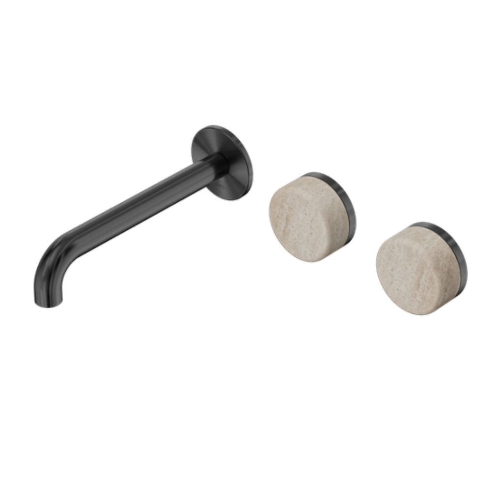 Nero Serenity Wall Basin Set 185mm Offset Spout w/ Rome Travertine Handle Gunmetal 24D061GM - Tapware 3 Piece
