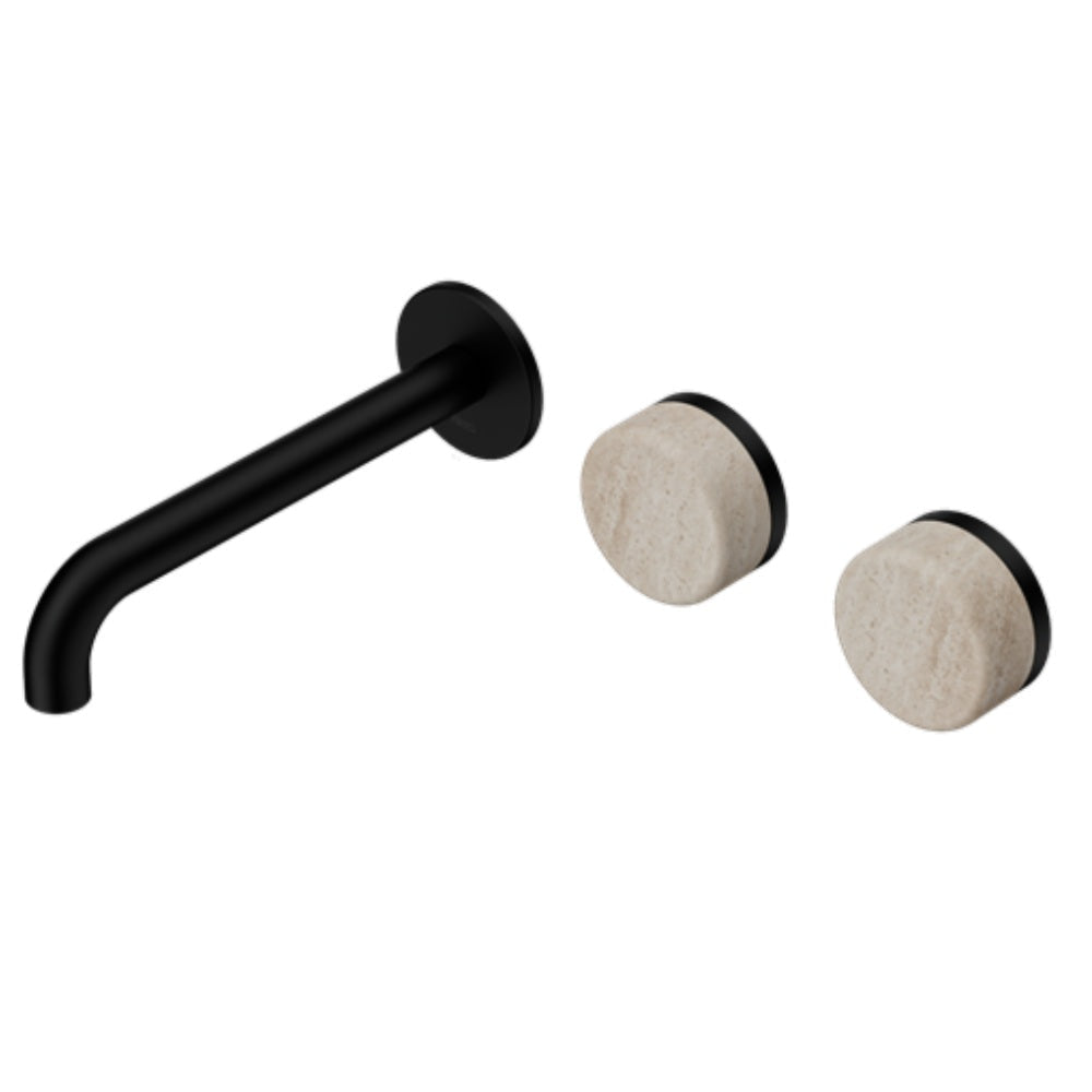 Nero Serenity Wall Basin Set 185mm Offset Spout w/ Rome Travertine Handle Matte Black 24D061MB - Tapware 3 Piece