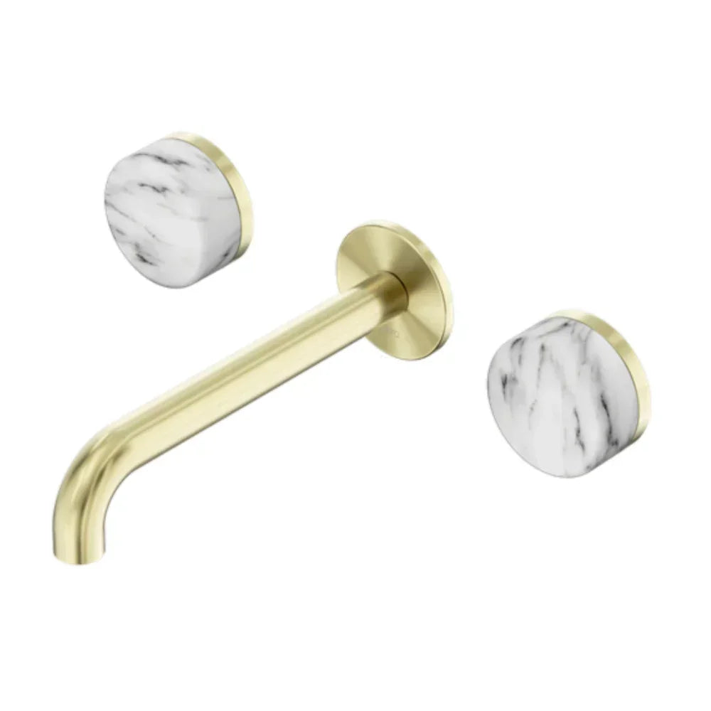 Nero Serenity Wall Basin Set 185mm Spout w/ Arabescato Corchia Handle Brushed Gold 24D044BG - Tapware 3 Piece