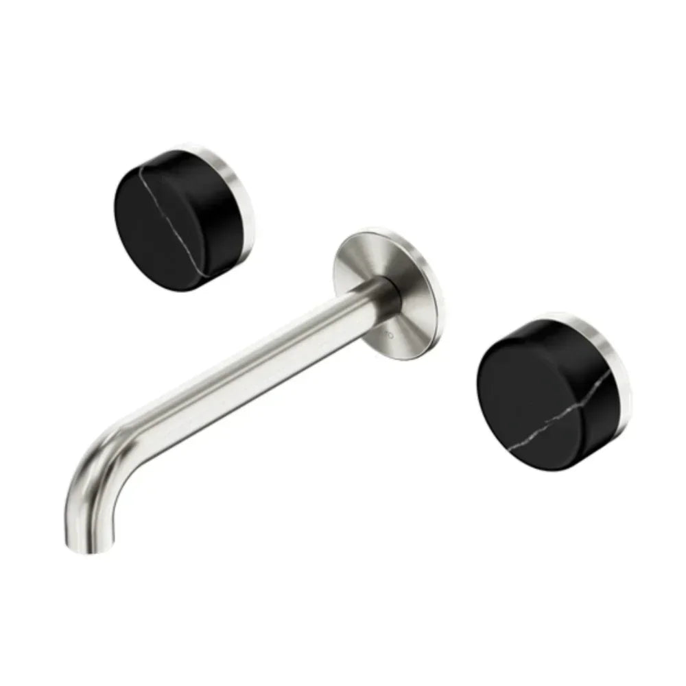 Nero Serenity Wall Basin Set 185mm Spout w/ Marquina Black Handle Brushed Nickel 24D122BN - Tapware 3 Piece