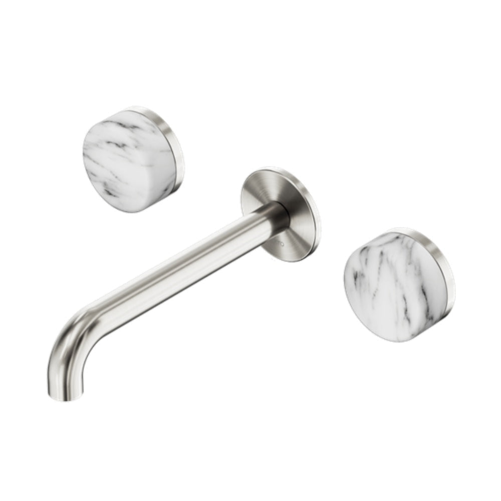 Nero Serenity Wall Basin Set 220mm Spout w/ Arabescato Corchia Handle Brushed Nickel 24D050BN - 3-Piece Tapware