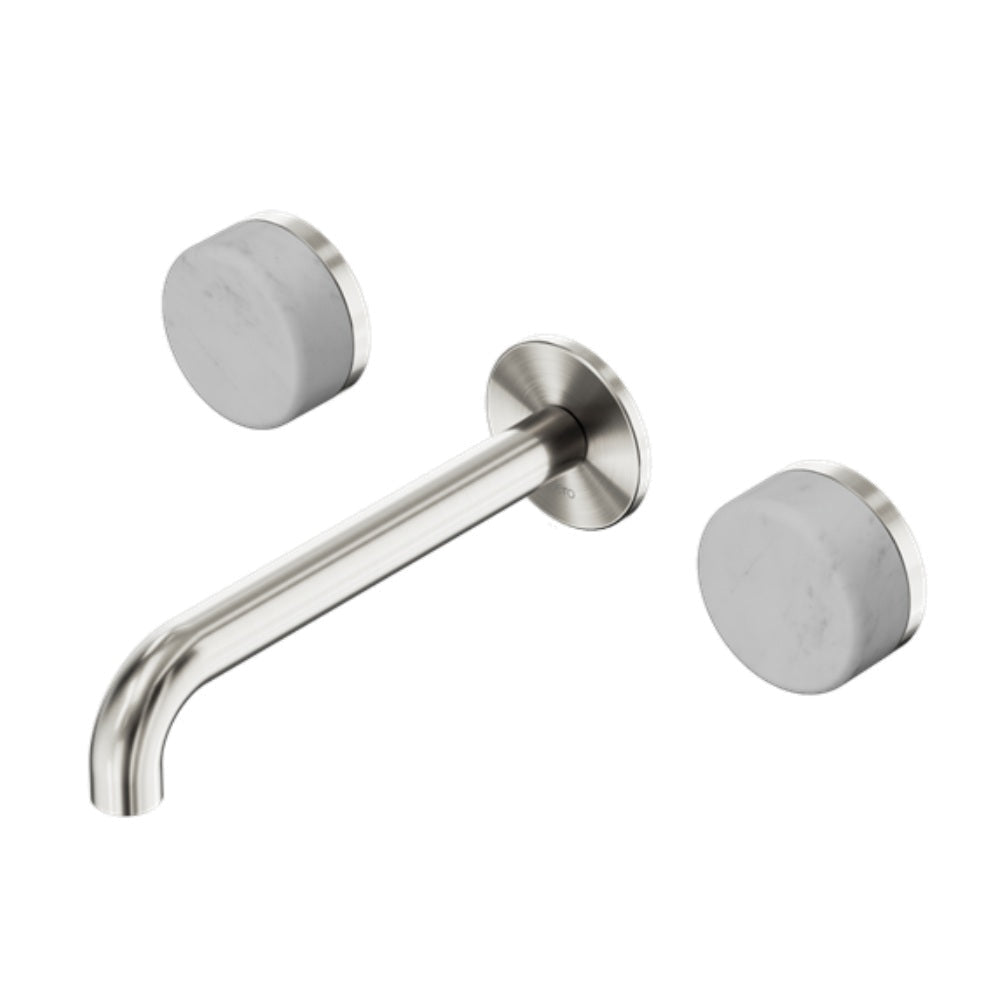 Nero Serenity Wall Basin Set 220mm Spout w/ Carrara Handle Brushed Nickel 24D047BN - Tapware 3 Piece
