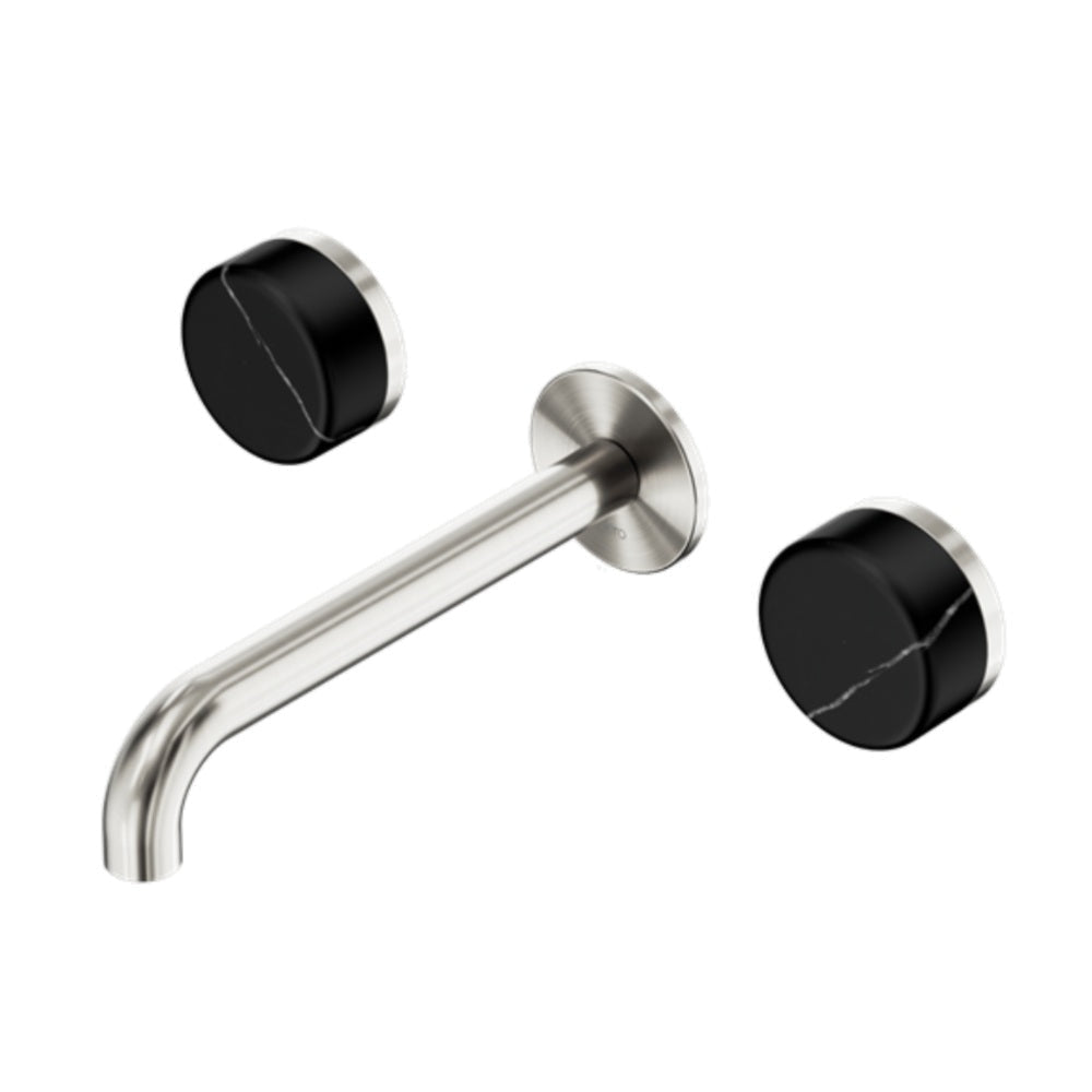 Nero Serenity Wall Basin Set 220mm Spout w/ Marquina Black Handle Brushed Nickel 24D123BN - Tapware 3 Piece
