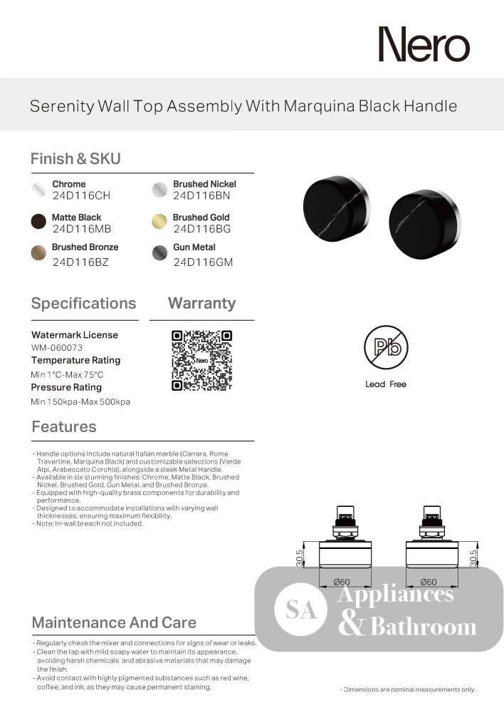 Nero Serenity Wall Top Assembly w/ Marquina Black Handle Matte Black 24D116MB - Bathroom Wall Mixers