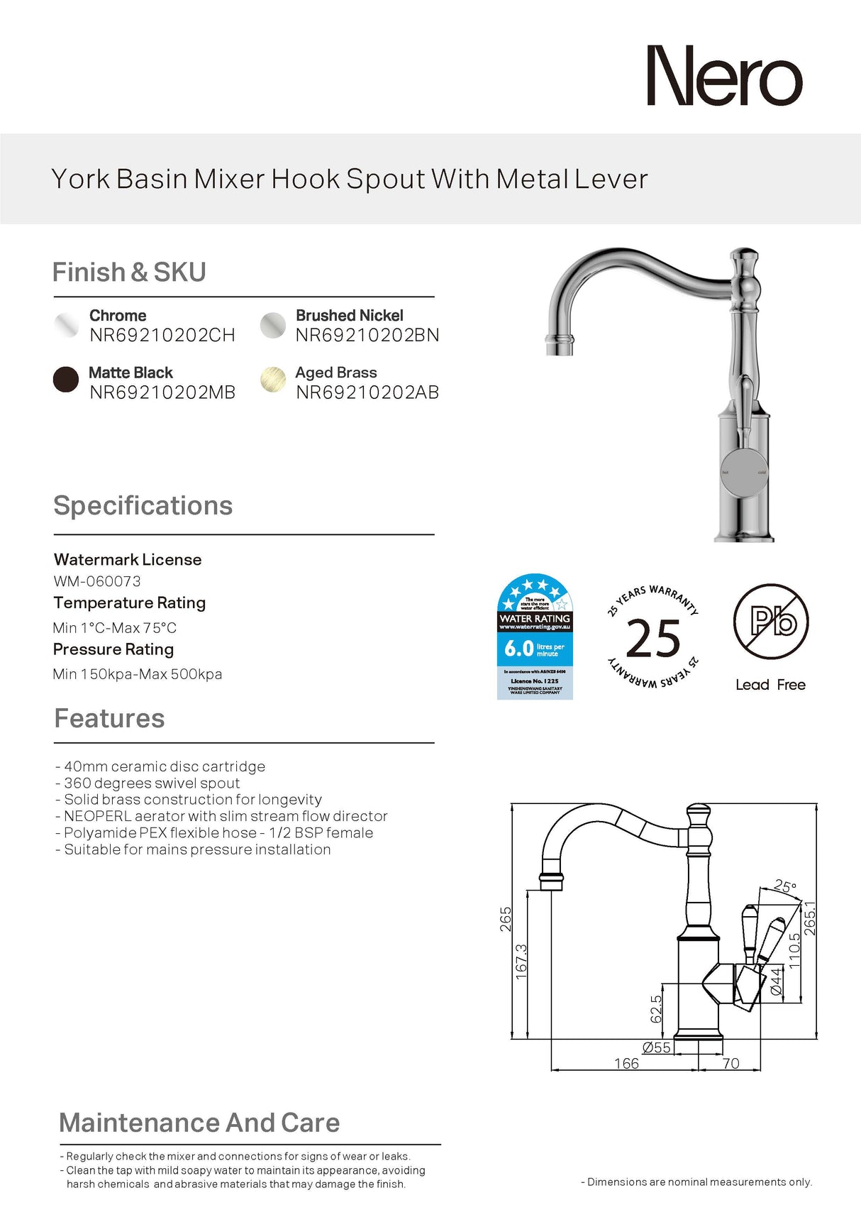 Nero York Tall Basin Mixer Hook Spout With Metal Lever, Chrome NR69210202CH