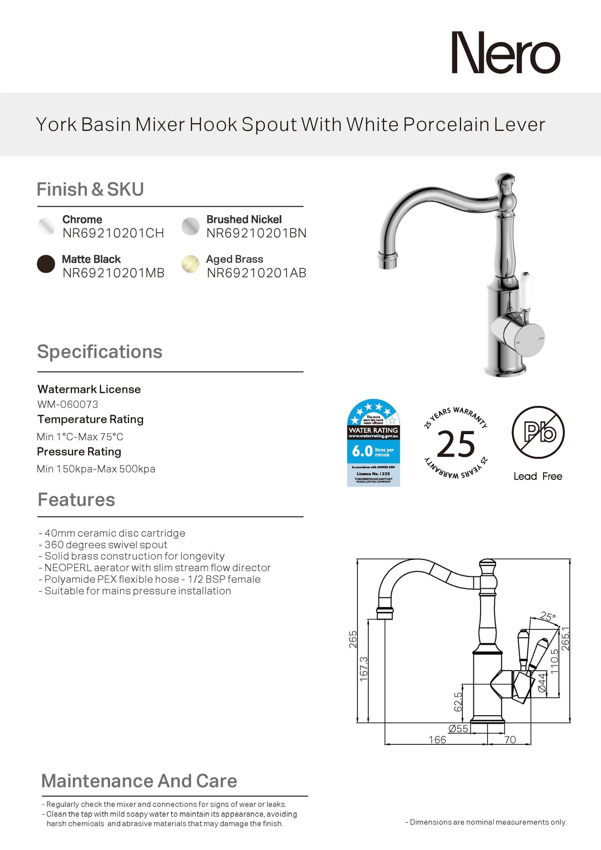 Nero York Tall Basin Mixer Hook Spout With White Porcelain Lever, Brushed Nickel NR69210201BN
