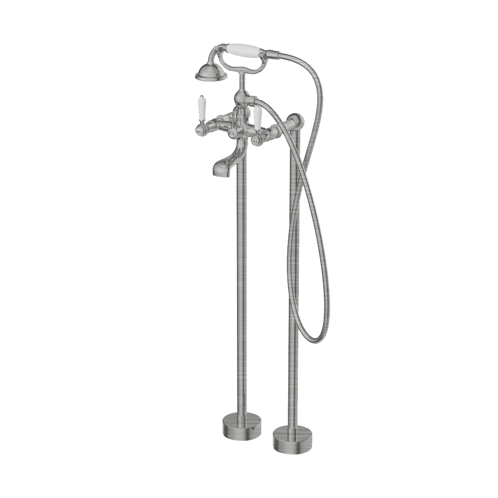 Nero York Freestanding Bath Mixer & Hand Shower with White Porcelain Lever Brushed Nickel NR692103A01BN - Hand Showers