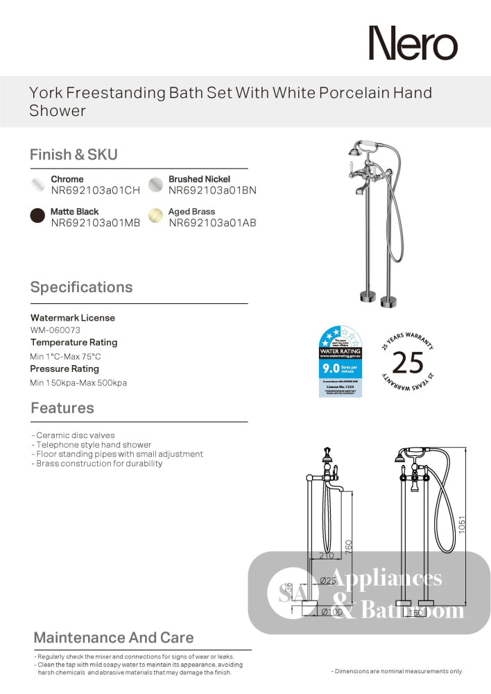 Nero York Freestanding Bath Mixer & Hand Shower with White Porcelain Lever Brushed Nickel NR692103A01BN - Hand Showers
