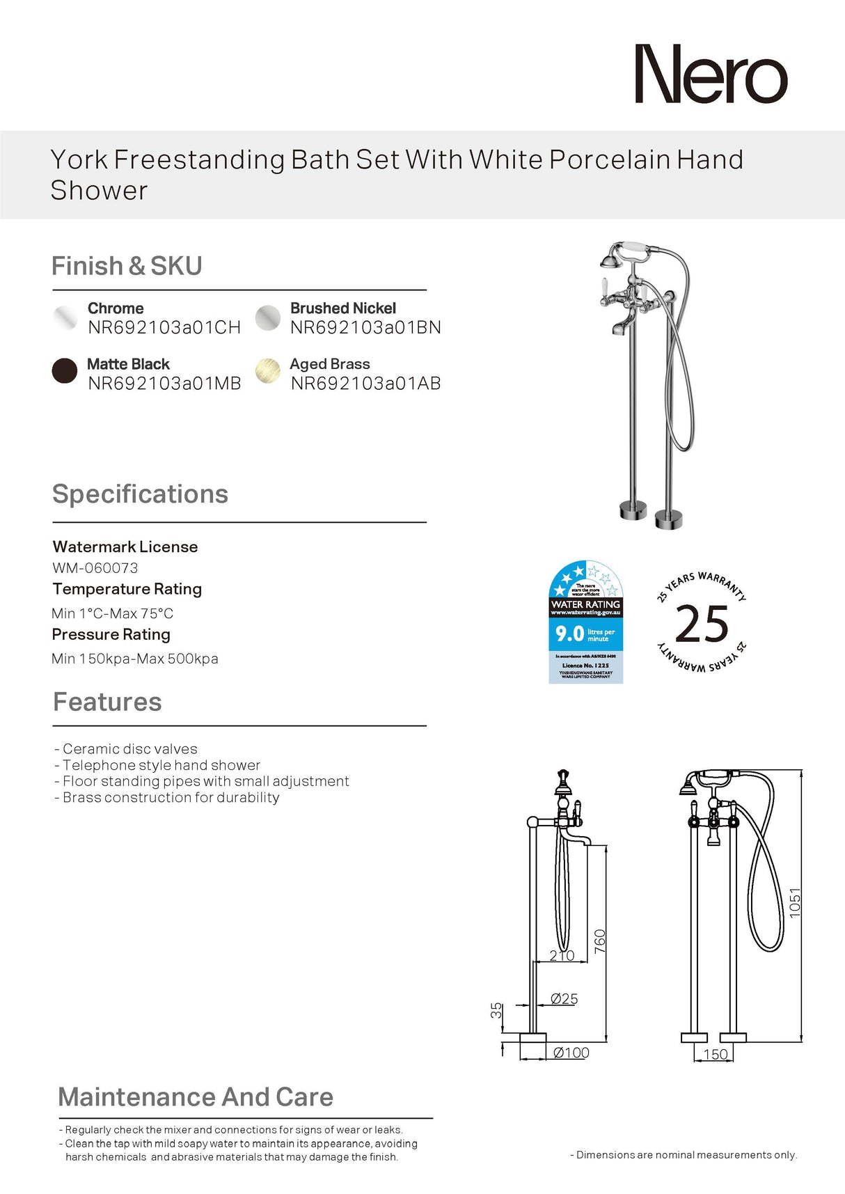 Nero York Freestanding Bath Mixer & Hand Shower with White Porcelain Lever Brushed Nickel NR692103A01BN